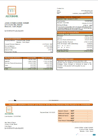 Download Egypt Alex Bank of Egypt bank mortgage statement scr Photoshop template